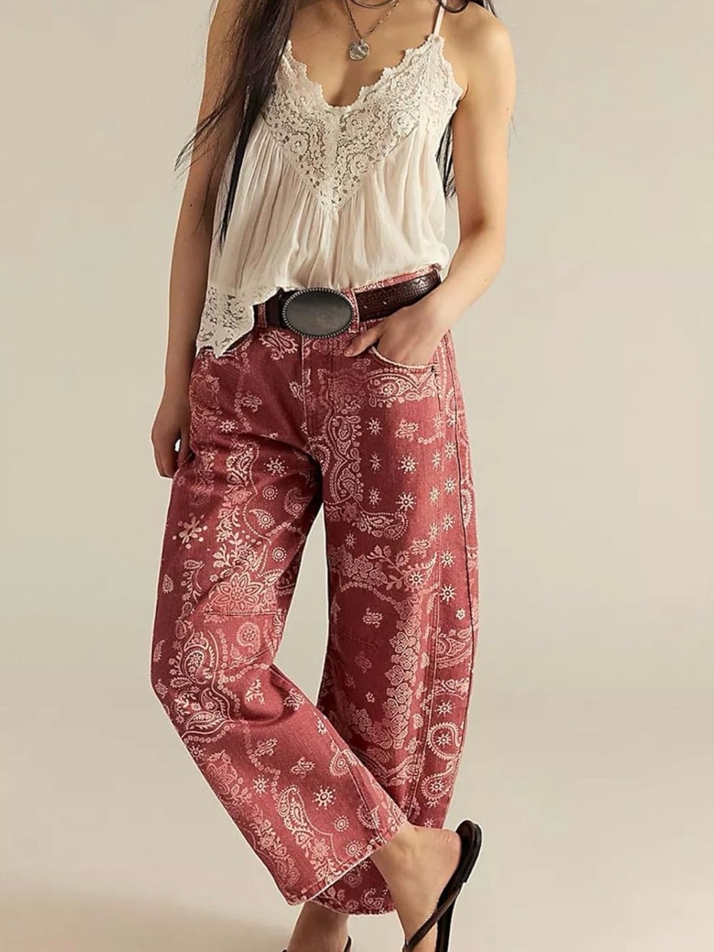 Boutique Red Bandana Paisley Printed Wide Leg Barrel Jeans - Picture 7 of 11